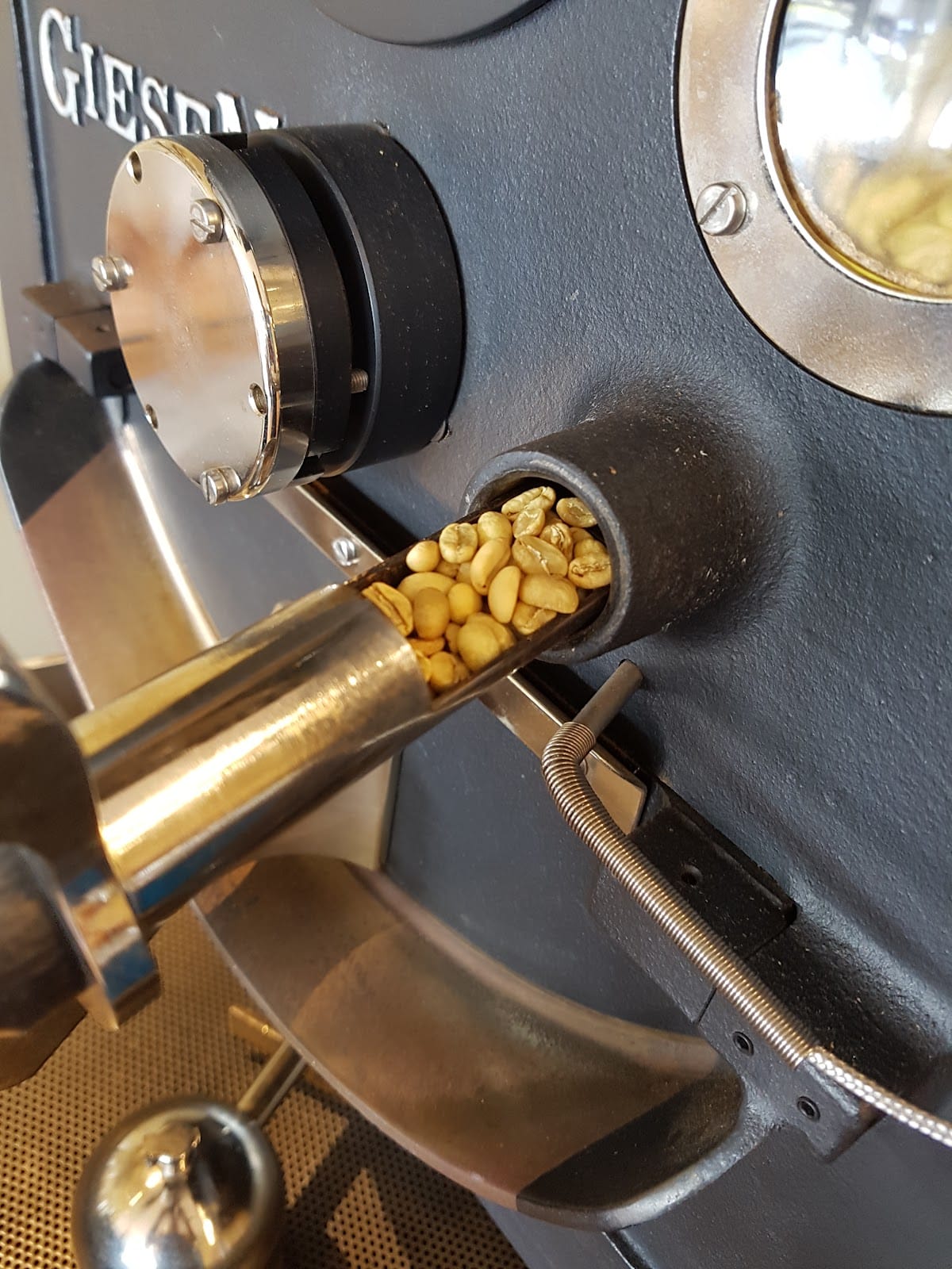 Green coffee beans in a sampling scoop on the Albatross Coffee roaster.