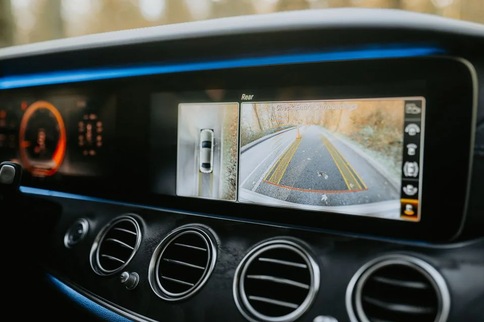 Reversing camera view on a car dashboard