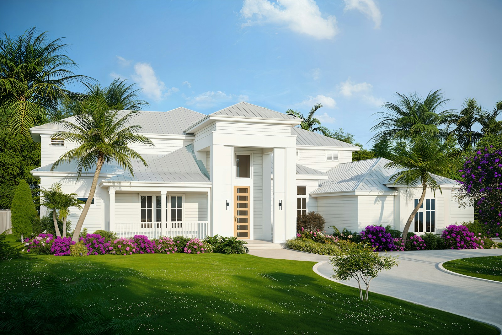 Modern white house with lush landscaping