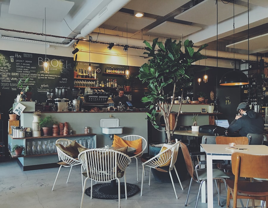 Warm café interior with wooden tables and soft light