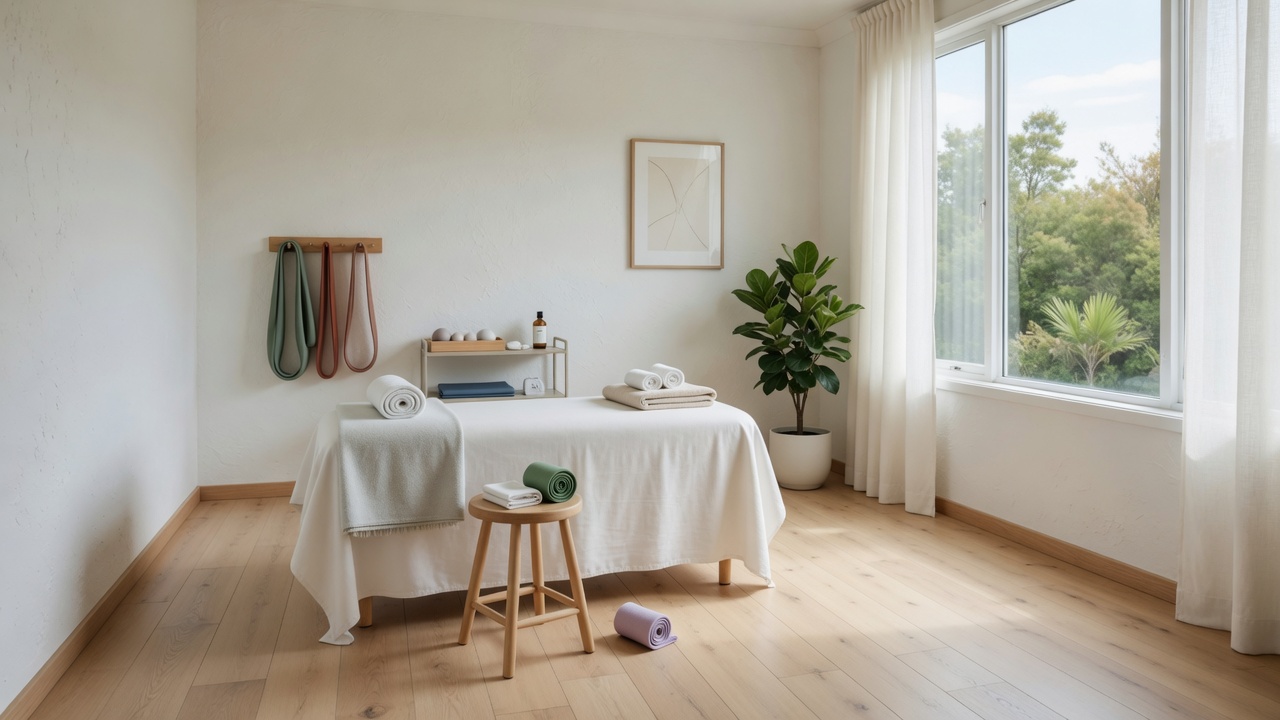 Bright treatment room at Aroha Physio with a clean therapy table and natural light